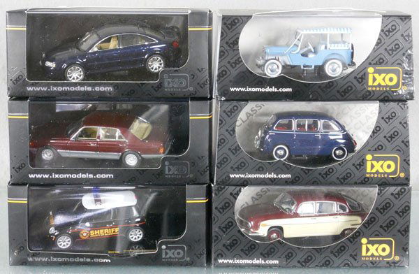 6 IXO MODEL CARS: plastic, CLC036 1958 Fiat Multipla, CLC057 1962 Jeep Surrey, CLC090 1970 Tatra, MOC088 2003 Audi RS6, MOC100 2004 Mini Cooper Police Car, CLC201 1980 Mercedes 500SE, orig boxes & inserts minor wear, C