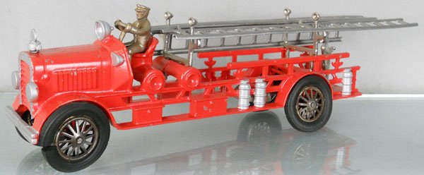 HUBLEY FIRE TRUCK: painted cast iron, 16" long, restored w/repro ladder racks, ladders & rear figure, orig rubber tires worn, C5-7.