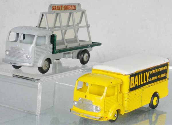 2 DINKY TRUCKS: FR33AN Bailly Simca Cargo, paint chipping, some touch up, FR33C Miroitier Simca Cargo Glass Truck, C5-6.