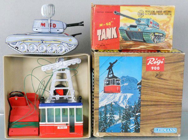 LEHMANN & ALPS TOYS: Lehmann Rigi 900, litho tin & plastic, Alps M-50 Tank, litho tin, battery operated, not tested, 7" long, orig boxes worn, C7-9.