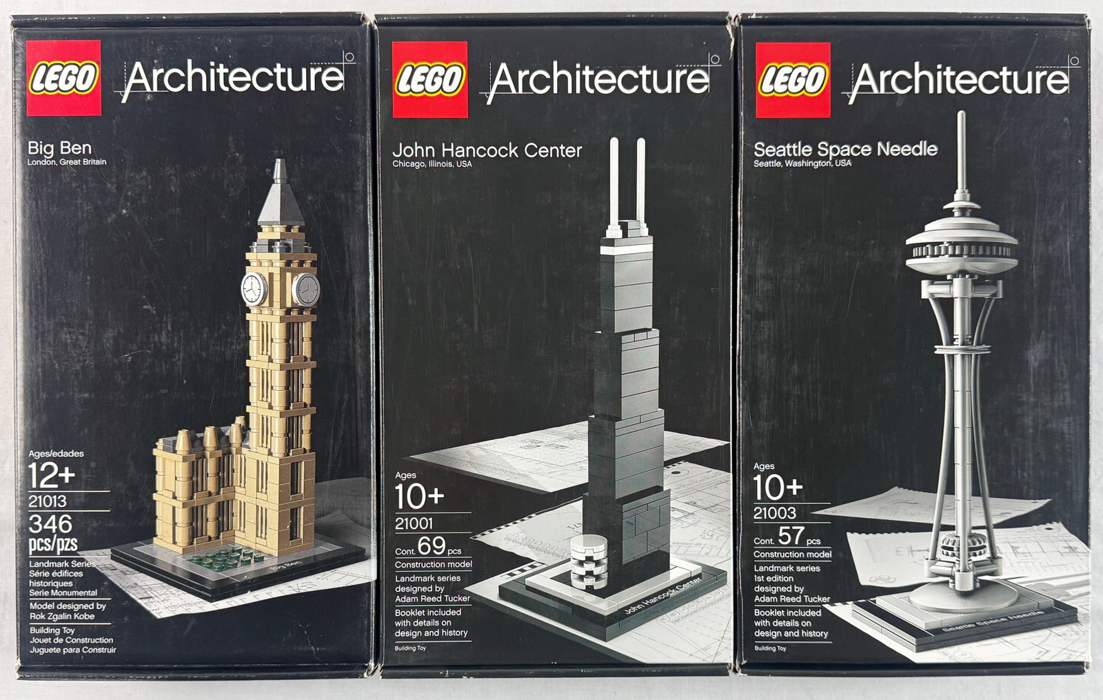 Three LEGO Architecture Building Sets: Big Ben 21013, John Hancock Center 21001, and Seattle Space (1 of 3)