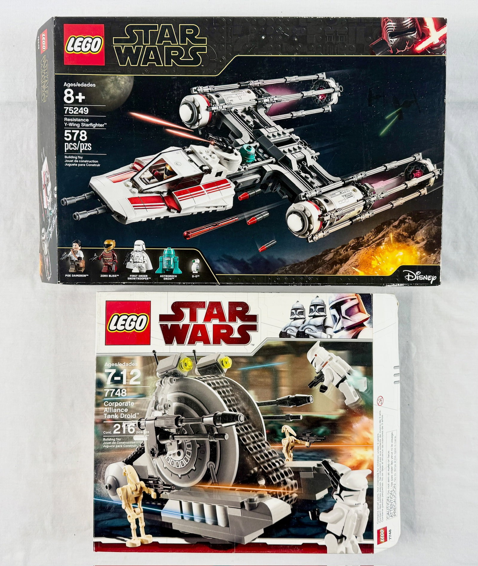 A Pair of LEGO Star Wars Building Sets, 75249 Resistance Y-Wing Starfighter and 7748 Corporate: A pair of LEGO Star Wars building sets. The first set is the Resistance Y-Wing Starfighter, set number 75249, with a piece count of 578. This set includes components for five minifigures: Poe