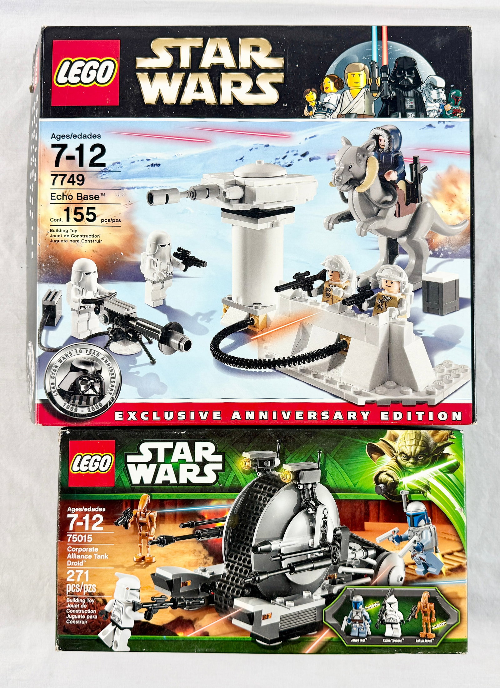 A Pair of LEGO Star Wars Building Sets, Echo Base 7749 and Corporate Alliance Tank Droid 75015: A pair of LEGO Star Wars building sets, including set number 7749 Echo Base and set number 75015 Corporate Alliance Tank Droid. Both sets are manufactured from plastic. Set 7749 is an Exclusive 10th