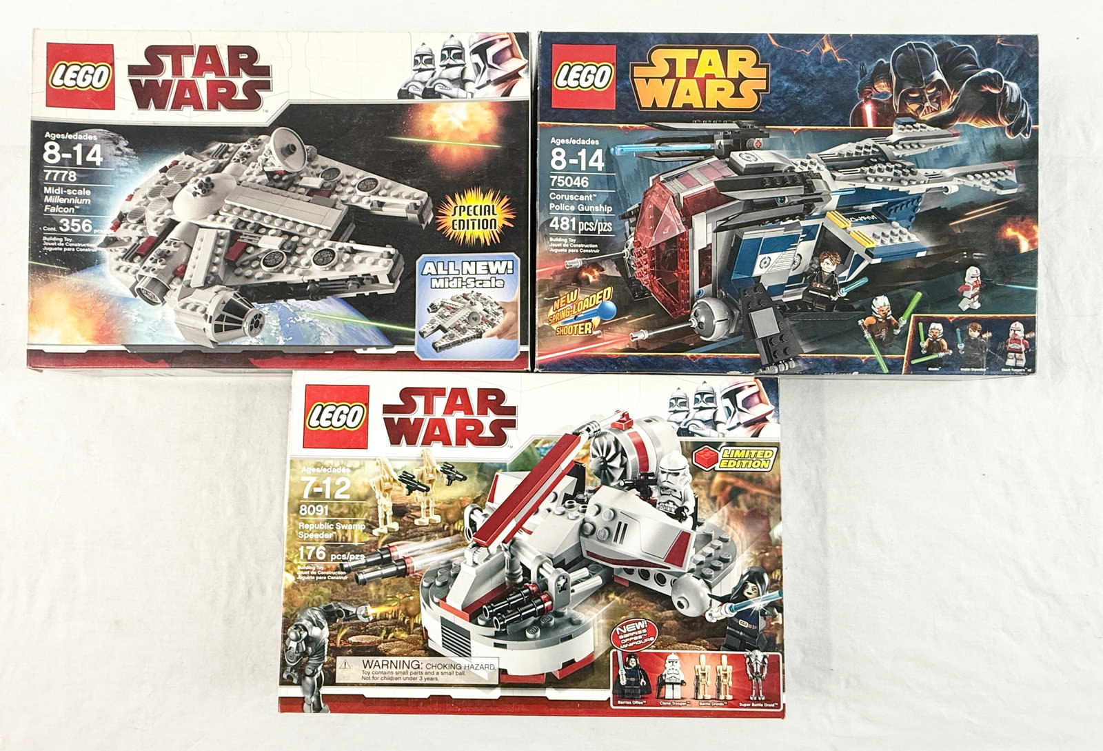 A Trio of LEGO Star Wars Construction Sets including Millennium Falcon 7778, Police Gunship 75046,: Manufactured by LEGO, this collection consists of three Star Wars themed construction sets. Each set includes its original manufacturer cardboard packaging and various disassembled components