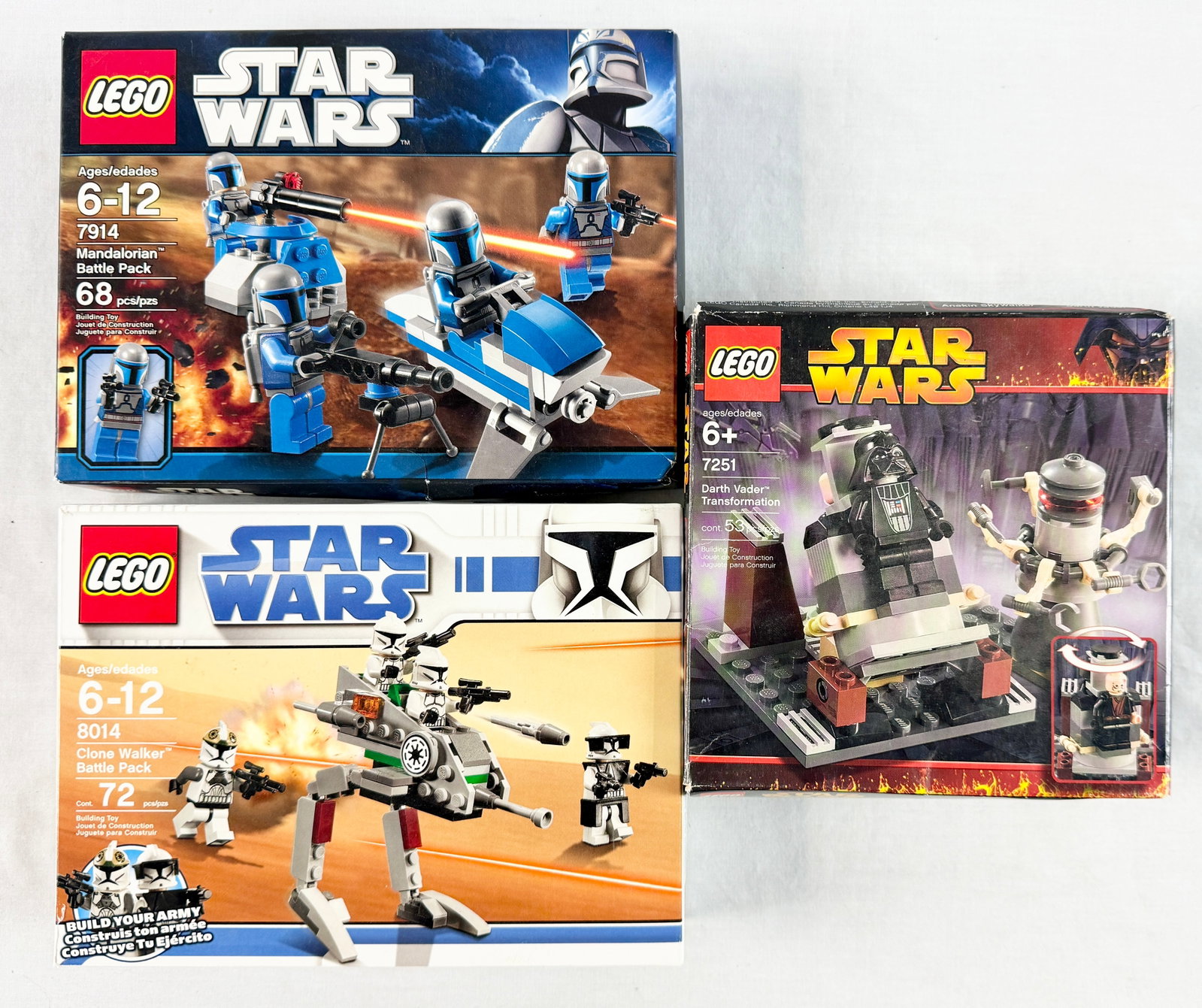 Three LEGO Star Wars Building Sets including Mandalorian Battle Pack 7914, Clone Walker Battle Pack (1 of 3)
