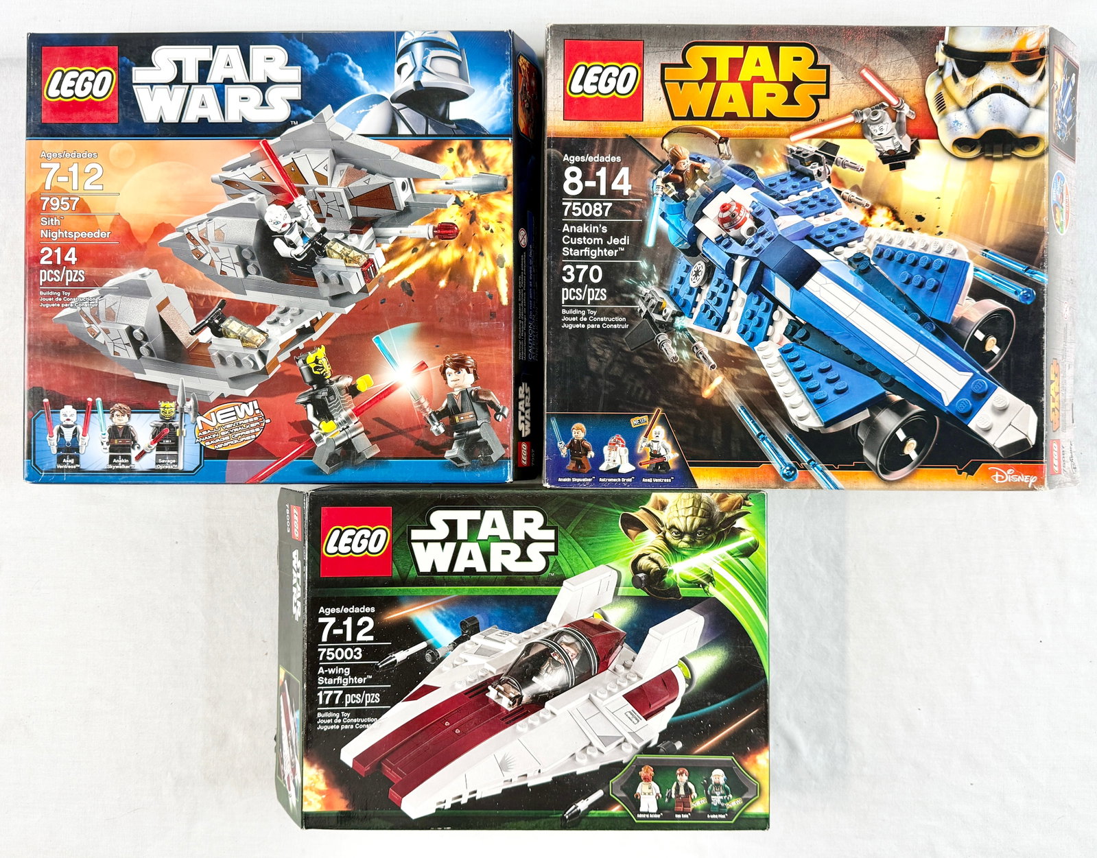 Three LEGO Star Wars Sets Sith Nightspeeder 7957, Anakin's Custom Jedi Starfighter 75087, and A-wing (1 of 5)