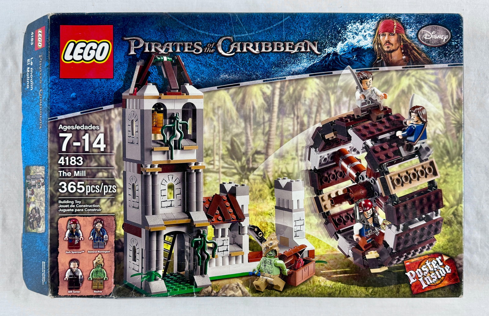 LEGO Disney Pirates of the Caribbean Set 4183 The Mill: A LEGO building set from the Disney Pirates of the Caribbean series, model number 4183, titled The Mill. The set features a buildable mill tower with a bell and a large rotating mill wheel designed fo