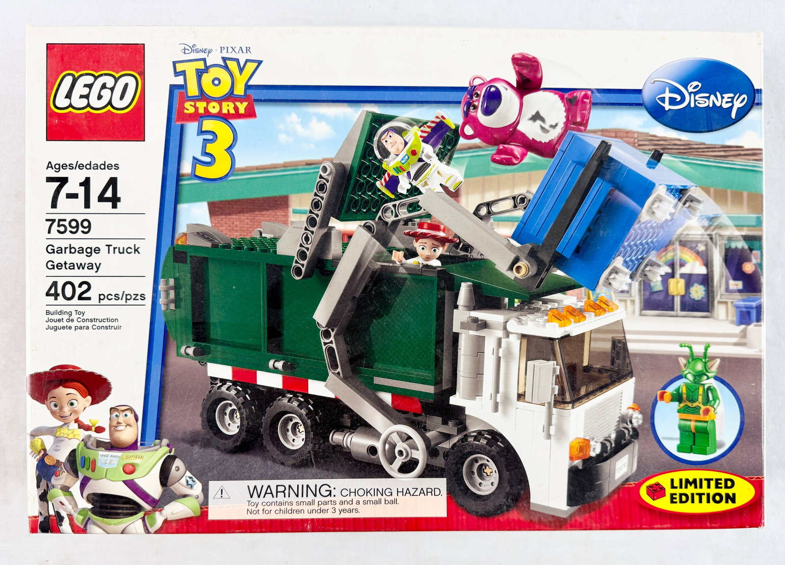 LEGO Toy Story 3 Garbage Truck Getaway Set 7599: This LEGO construction set is the Disney Pixar Toy Story 3 Garbage Truck Getaway, set number 7599, manufactured by the LEGO Group. The set features a green garbage truck with a white operator cab and 