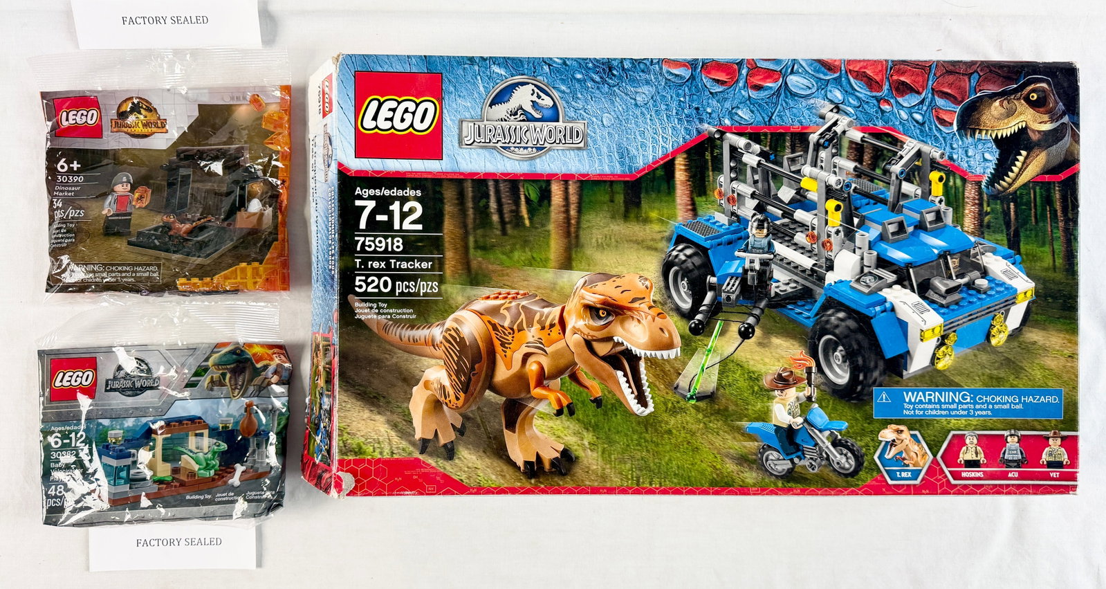 Three LEGO Jurassic World Construction Sets Including T. rex Tracker 75918 and Two Sealed Polybags (1 of 4)