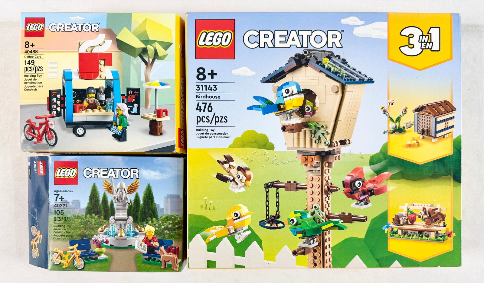 Three LEGO Creator Building Sets Including 31143 Birdhouse 40488 Coffee Cart and 40221 Fountain (1 of 3)