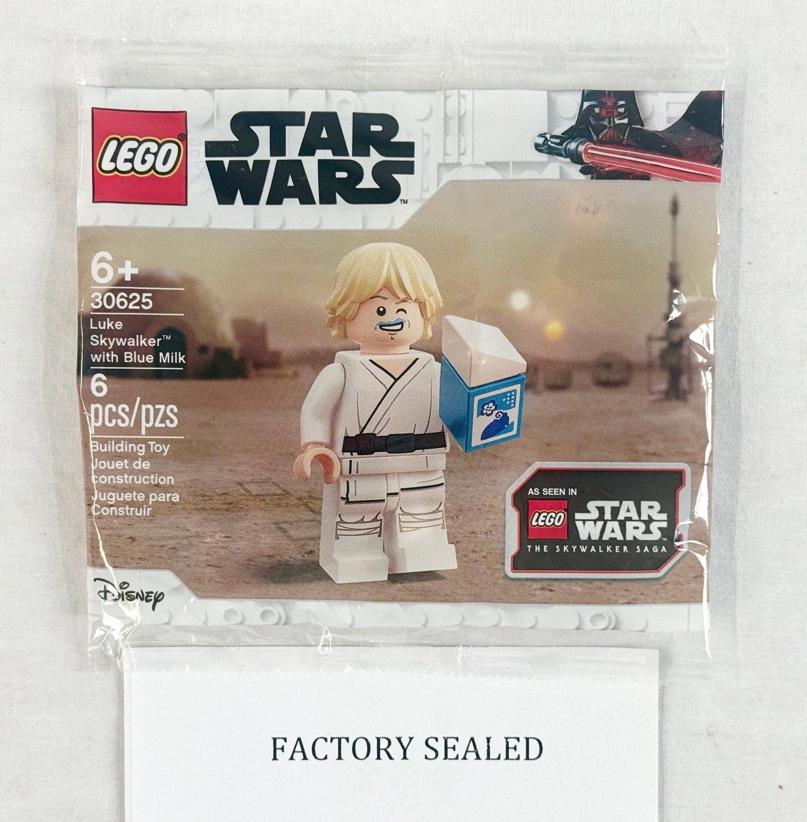 LEGO Star Wars 30625 Luke Skywalker with Blue Milk Factory Sealed Polybag Minifigure: This is a factory-sealed LEGO Star Wars polybag set, numbered 30625, titled Luke Skywalker with Blue Milk. Produced by The LEGO Group, this promotional set contains 6 pieces to assemble a unique Luke 