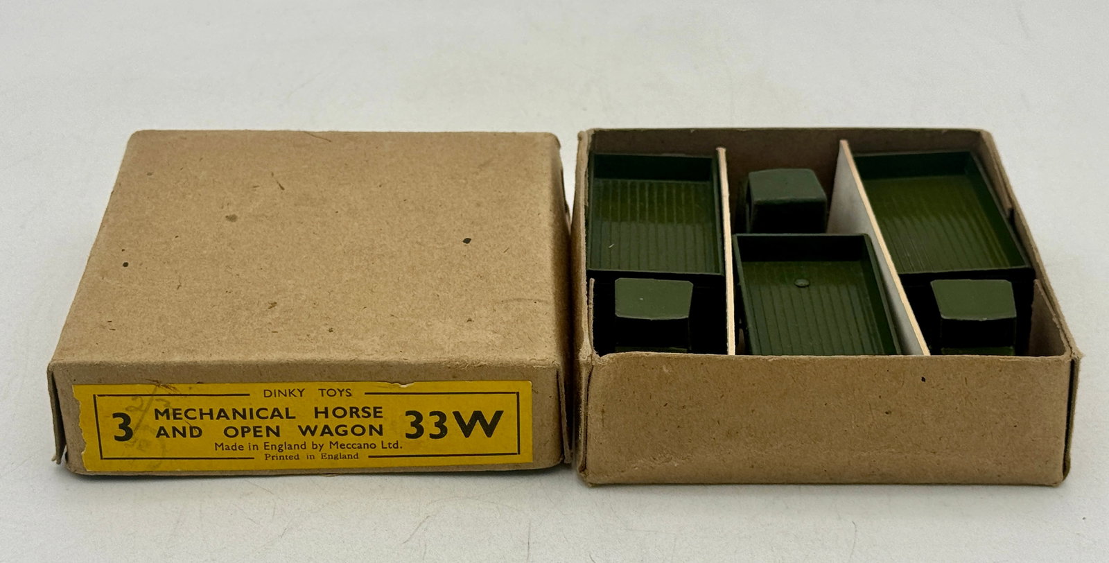 3 Dinky Toys Mechanical Horse and Open Wagons in Trade box (1 of 2)