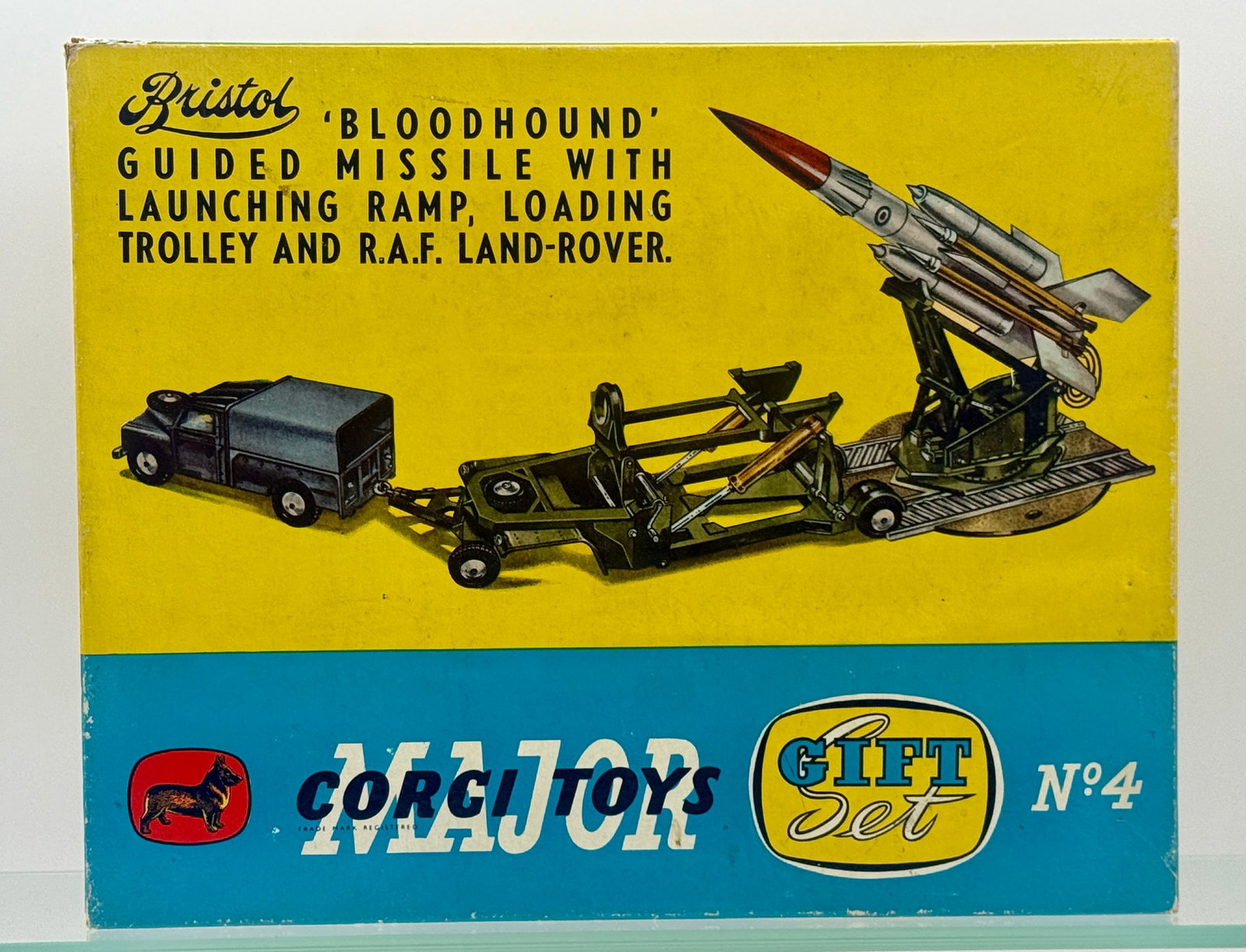 Corgi Major Gift Set No. 4 Bristol Bloodhound Missile: Corgi Major Toys Gift Set No. 4 features the Bristol Bloodhound guided missile system complete with its original die-cast R.A.F. Land-Rover and loading trolley. The set includes a white missile with a