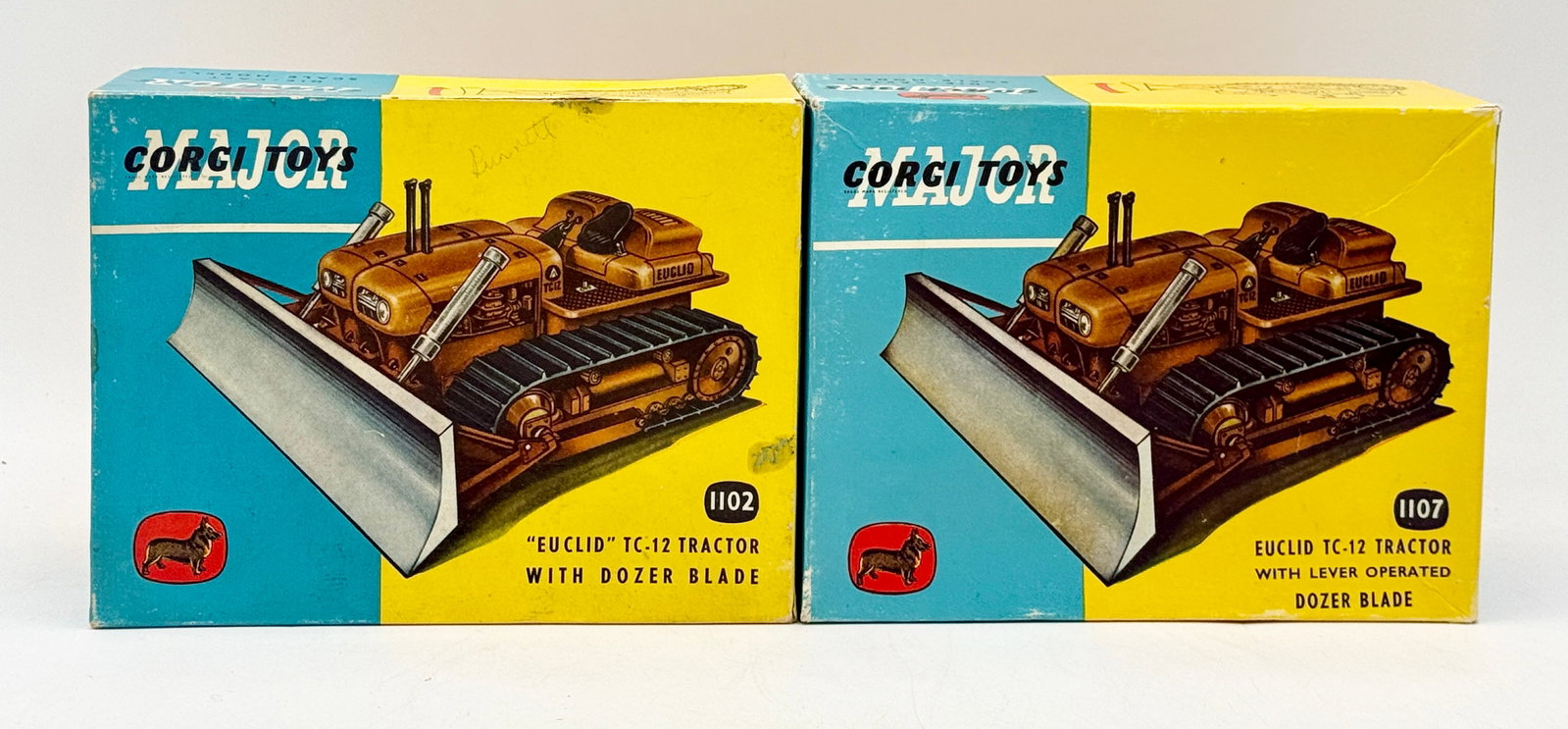 Two Corgi Major Toys Euclid TC-12 Die-Cast Tractor Models: These Corgi Major Toys Euclid TC-12 tractors are constructed of die-cast metal and include model numbers 1102 and 1107 with their original boxes. The lime green model 1102 and yellow model 1107 featur