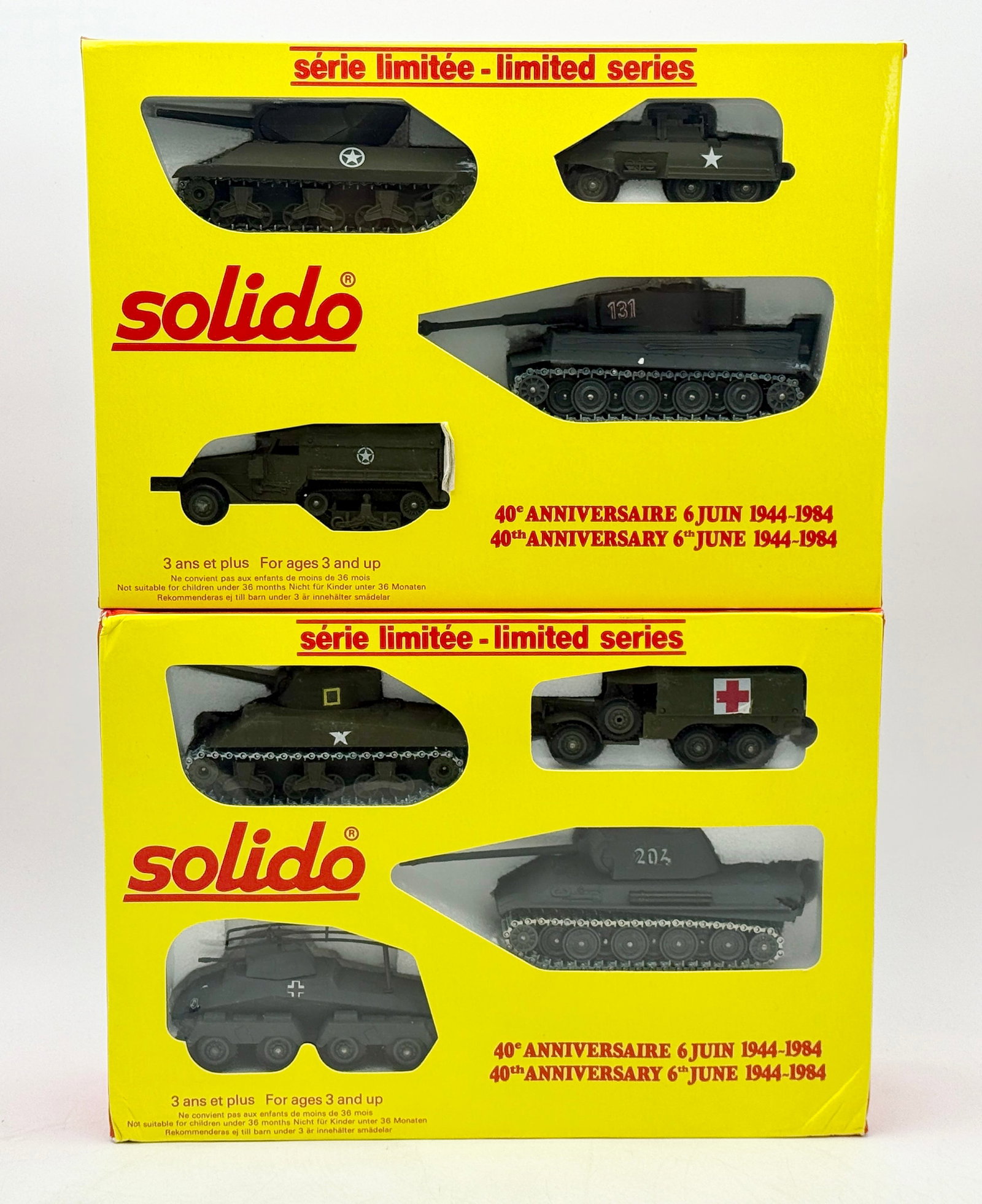 Two Solido Limited Series 40th Anniversary Military Vehicle Sets: This lot features two sets of Solido die-cast military vehicles produced to commemorate the 40th anniversary of D-Day. Each limited series collection includes four highly detailed WWII-era models, inc