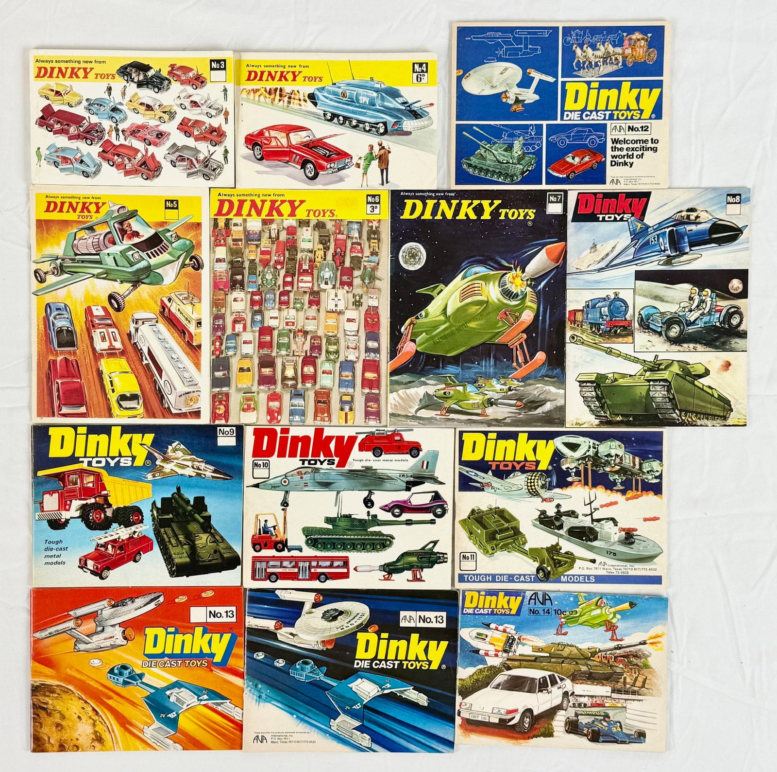 A Collection of Vintage Dinky Toys Illustrated Catalogs: A group of Dinky Toys promotional catalogs featuring various numbered editions from No. 3 through No. 14. These printed paper booklets showcase vibrant color illustrations of die-cast passenger cars, 
