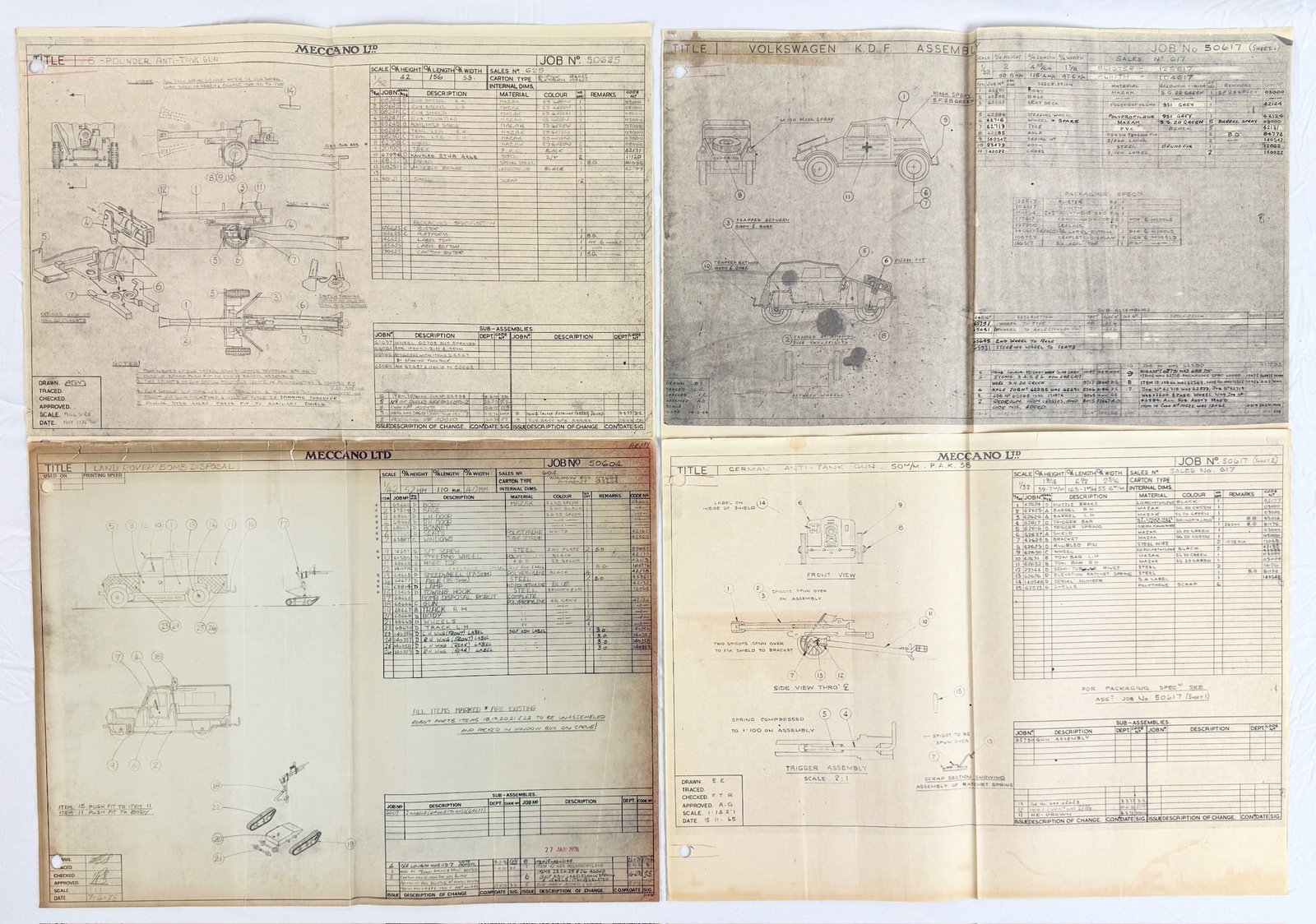 A Collection of Meccano Ltd. Technical Toy Assembly Drawings: Meccano Ltd. original technical assembly drawings for various toy models including a Volkswagen K.D.F. and a 6-Pounder Anti-Tank Gun. This collection features blueprints with multi-view engineering il