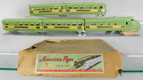 AMERICAN FLYER GREEN DIAMOND TRAIN SET: O ga, 9962 loco, smokestack replaced, w/3 #9954 Pullmans, 9955 obsv, set has touch up spots - mostly around coupling areas, orig boxes & set box rough, C6-7.