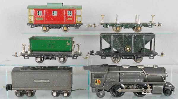 LIONEL TRAIN SET: O ga, 259E loco, 2689TX tender, 809 dump, 803 gondola, 831 lumber, 807 caboose, C4-5.