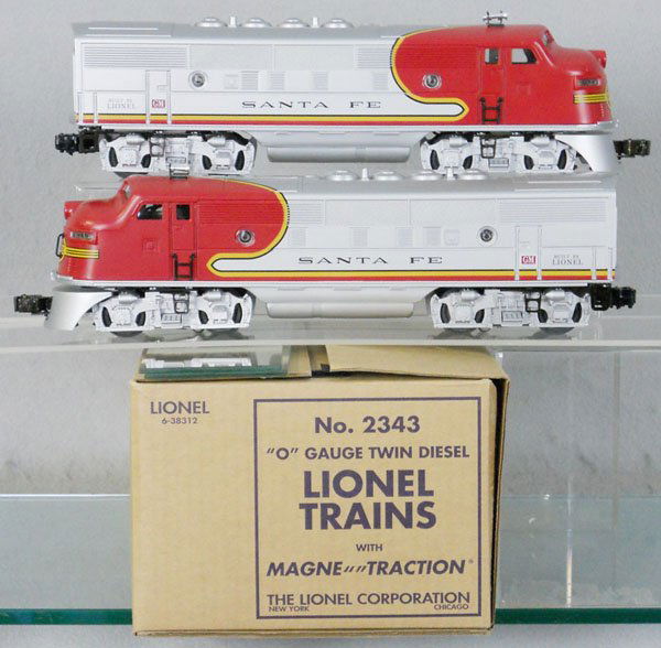 LIONEL 2343 SANTA FE TWIN DIESELS: O ga, 2343P A unit, 2343T B unit, orig boxes & set box, C9-10.