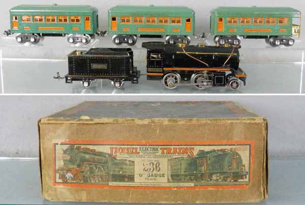 LIONEL 236 TRAIN SET: O ga, 258 loco, 257T tender, 2 #607 Pullmans, 608 obsv, orig tender & car boxes only, orig set box, all boxes worn, C6.