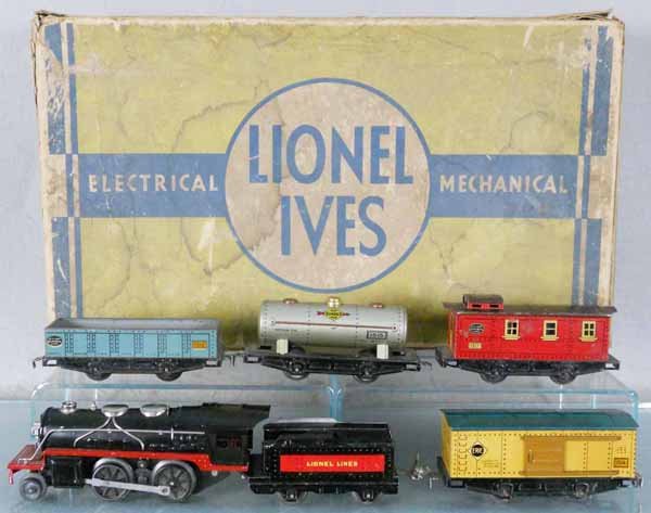 LIONEL IVES TRAIN SET: O ga, 1681E loco & tender, 1514 box car, 1512 gondola, 1515 tank, 1517 caboose, missing couplers, orig 1051E set box worn, C5-6.
