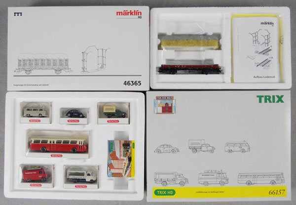 MARKLIN & TRIX TRAIN LOT: HO ga, Marklin 46365 flat w/load set, Trix 66157 Wiking vehicle set, orig boxes & inserts, C9-10.