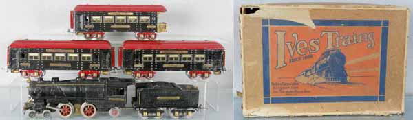 IVES COMMODORE VANDERBILT TRAIN SET: O ga, 1122 loco, missing 1 side connecting rod, 6 die cast pop marks, 1122 tender, minor warping, 2 #143 parlor cars, 144 obsv, cars have red painted vestibules, missing 2 steps, w/#47 set box, box ro