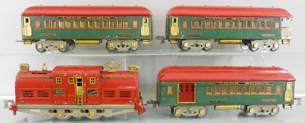 AMERICAN FLYER LONE SCOUT TRAIN SET: std ga, 4635 loco, rewheeled, 1 headlight fatiguing, 4250 club car, 4251 Pullman, 4252 obsv, car roofs have some playwear, C5-6.