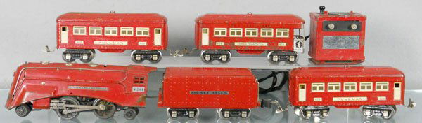 LIONEL RED COMET TRAIN SET: O ga, 264E loco, die cast wheels & cab fatiguing, 265T tender, 2 #603 Pullmans, 604 obsv, all cars have 3 holes drilled in belly pan for lights, w/red "L" transformer, C4-5.