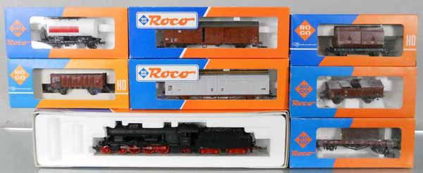 ROCO TRAIN SET: HO ga, 2-rail, 43218 loco & tender, w/cars 4311, 4313S, 4323, 4336B, 4397A, 46407, 46451, orig boxes, C9.