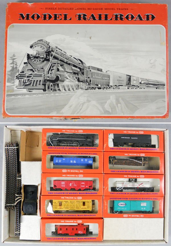 LIONEL 14300 FREIGHT SET: HO ga, 873 loco, 0645W tender, 0647 gondola, 0865-435 log car, 0815-60 tank, 0836-110 hopper, 0874 box car, 0861-110 horse transport, 0832-110 caboose, w/track, orig boxes & set box minor wear, C7-9.