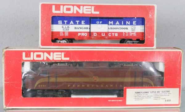 LIONEL TRAIN LOT: O ga, 8551 PRR EP5, 9709 State of Maine box car, orig boxes worn, C7-8.
