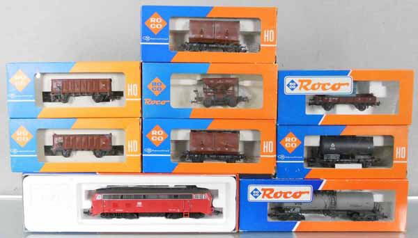 ROCO TRAIN SET: HO ga, 2-rail, 43600 diesel loco w/cars 46011, 4334A, 4336A, 2 #4323, 2 #4311, 46188, orig boxes, C9.