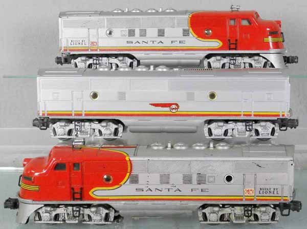 LIONEL SANTA FE ABA DIESELS: O ga, 2343 Power A, 2243 dummy A, both are screen tops, some nose decal chips, 2243C B unit, C5-6.