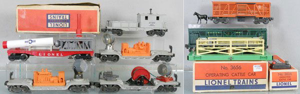 7 LIONEL FREIGHT CARS: O ga, 3620 & 3520 searchlight generator cars, 3650 searchlight generator, missing hand crank, 3413 Mercury capsule launching car, w/repro rocket, rail section repaired, 6419 work caboose, step broken,
