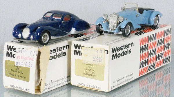 2 WESTERN MODELS AUTOS: white metal, 1938 Talbot Lago, 1937 Lagonda Rapide, missing 1 piece of trim on front fender, orig boxes & inserts, 1 rough, C8-9.