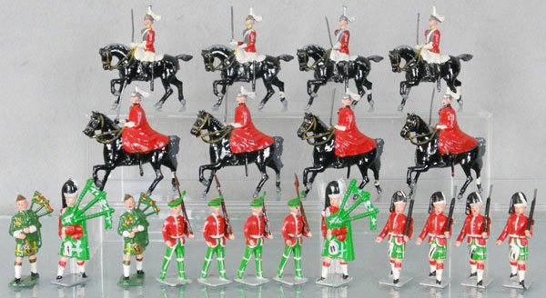 3 JOHILLCO SETS: 4 Lifeguards in winter cloaks, 4 Lifeguards w/officer, 12 Scottish soldiers, 1 rifle tip broken, C7-8.