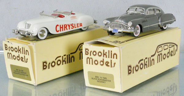 2 BROOKLIN MODELS AUTOS: white metal, 1941 Chrysler Newport Convertible Indy Pace Car, 1949 Buick Roadmaster Sedanet, orig boxes & inserts minor wear, C9.