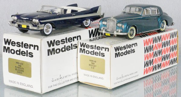 2 WESTERN MODELS AUTOS: white metal, 1958 Plymouth Belvedere Convertible, 1964 Bentley SIII, orig boxes & inserts minor wear, C9.