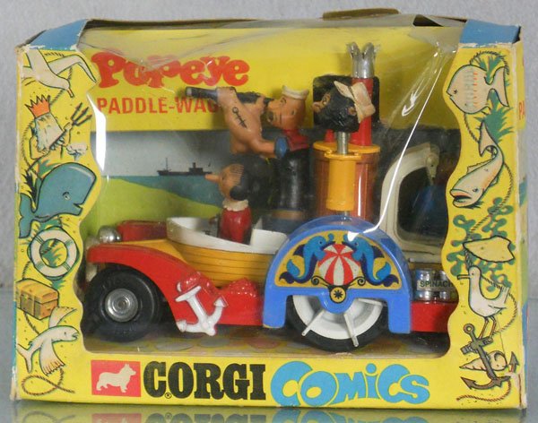 CORGI 802 POPEYE PADDLEWAGON: Sweet Pea's boat has 2 broken ropes, orig box & insert minor wear, C7-8.