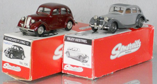 2 SOMERVILLE AUTOS: white metal, 106 Standard Flying 12, 129 Riley Kestrel, orig boxes & inserts minor wear to worn, C9.