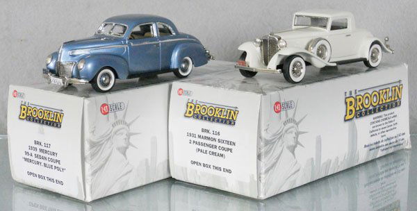 2 BROOKLIN AUTOS: white metal, 1939 Mercury 99-A Sedan, 1931 Marmon 16 Coupe, orig boxes & inserts, C9.