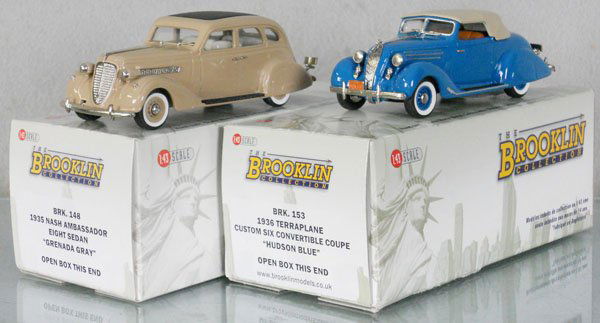 2 BROOKLIN AUTOS: white metal, 1935 Nash Ambassador 8 Sedan, 1936 Terraplane Custom 6 Convertible, orig boxes & inserts, C9.