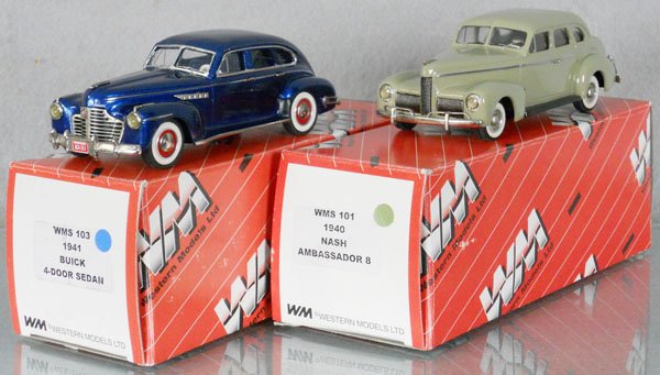 2 WESTERN MODELS AUTOS: white metal, 1941 Buick Sedan, 1940 Nash Ambassador 8, orig boxes & inserts, C9.