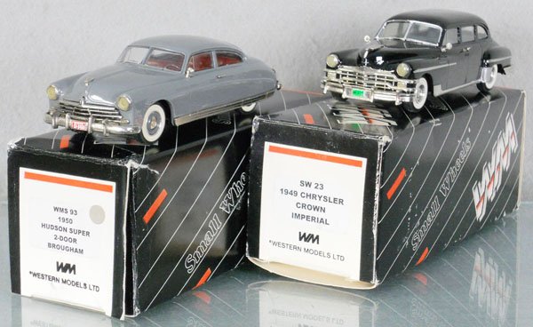 2 WESTERN MODELS AUTOS: white metal, 1950 Hudson Super Brougham, missing 1 windshield wiper, 1949 Chrysler Crown Imperial, missing 1 door handle, orig boxes & inserts minor wear, C8.