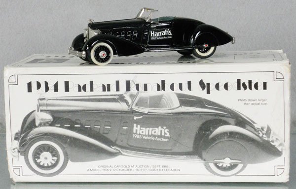 MINI MARQUE 43 1934 PACKARD BOATTAIL RUNABOUT: white metal, made for Harrah's Auto Collection, orig box & insert minor wear, C9.