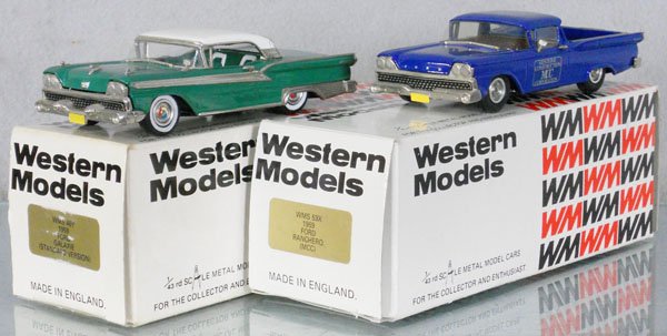 2 WESTERN MODELS 1959 FORDS: white metal, 1959 Ford Galaxie, 1959 Ford Ranchero Pick Up, w/figure laying in bed, orig boxes & inserts minor wear, C9.
