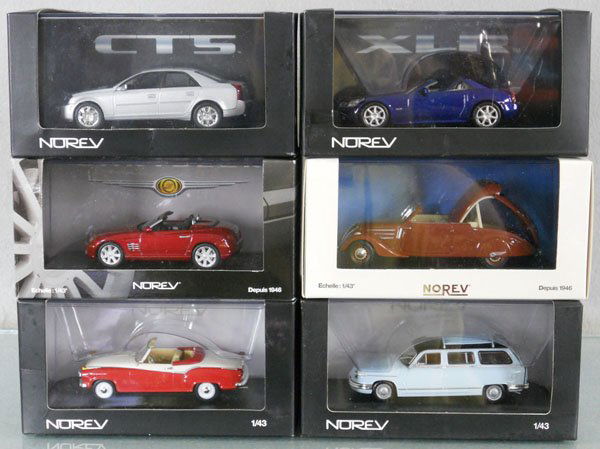 6 NOREV AUTOS: die cast & plastic, 2 Cadillacs, Panhard, Borgward, Chrysler, Peugeot, orig boxes & inserts, C9-10.