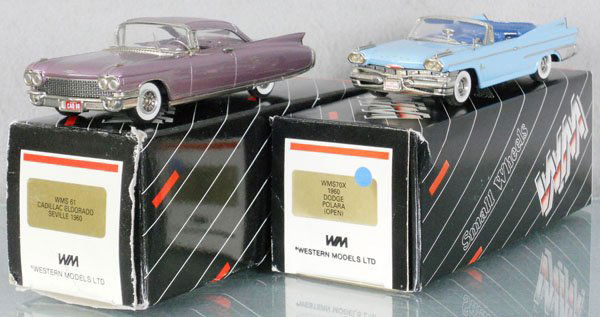 2 WESTERN MODELS AUTOS: white metal, 1960 Cadillac Eldorado Seville, 1960 Dodge Polara Convertible, orig boxes & inserts minor wear, C9.